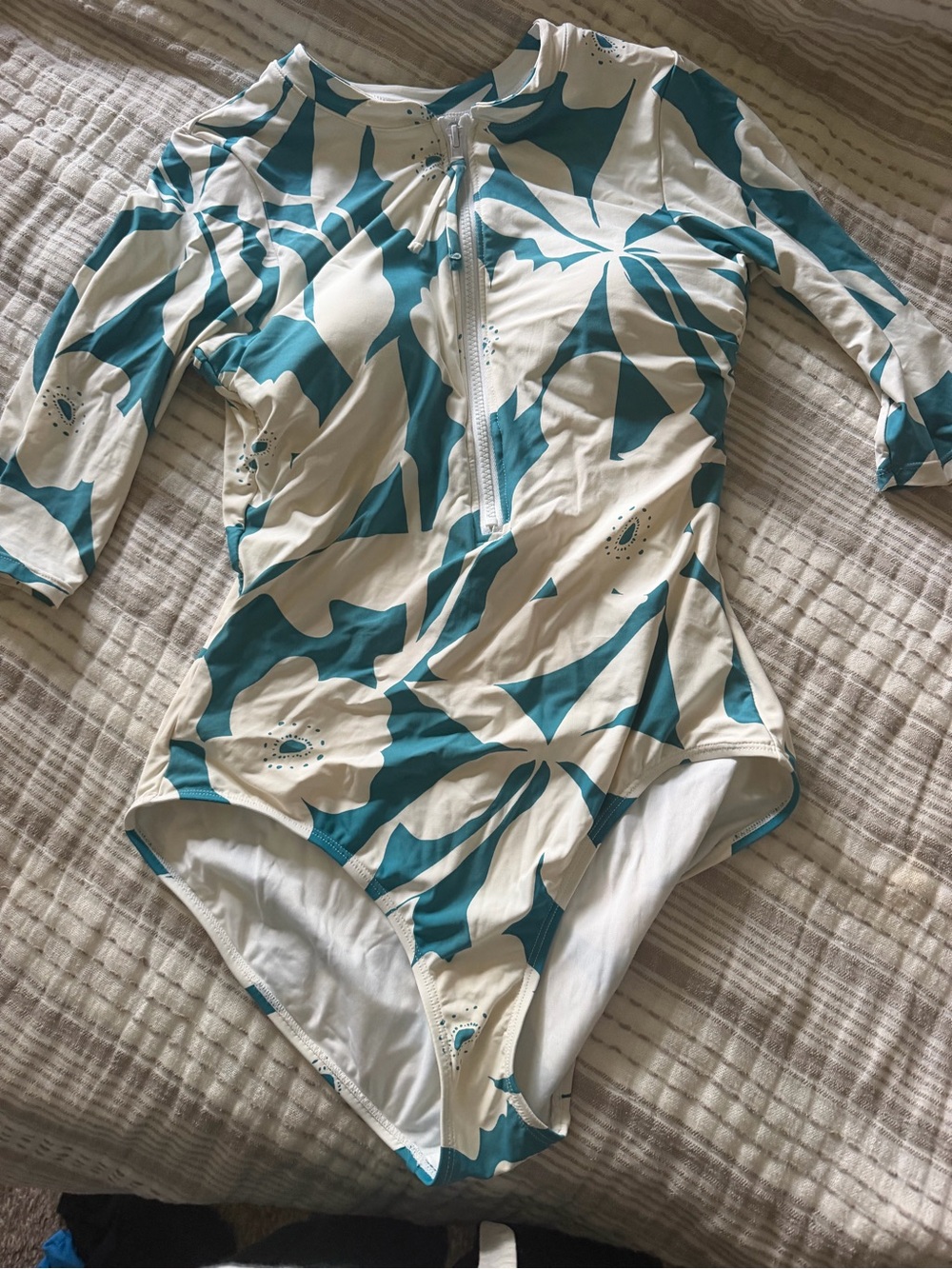 Anne Cole Teal & Cream Long-Sleeve One-Piece Swimsuit